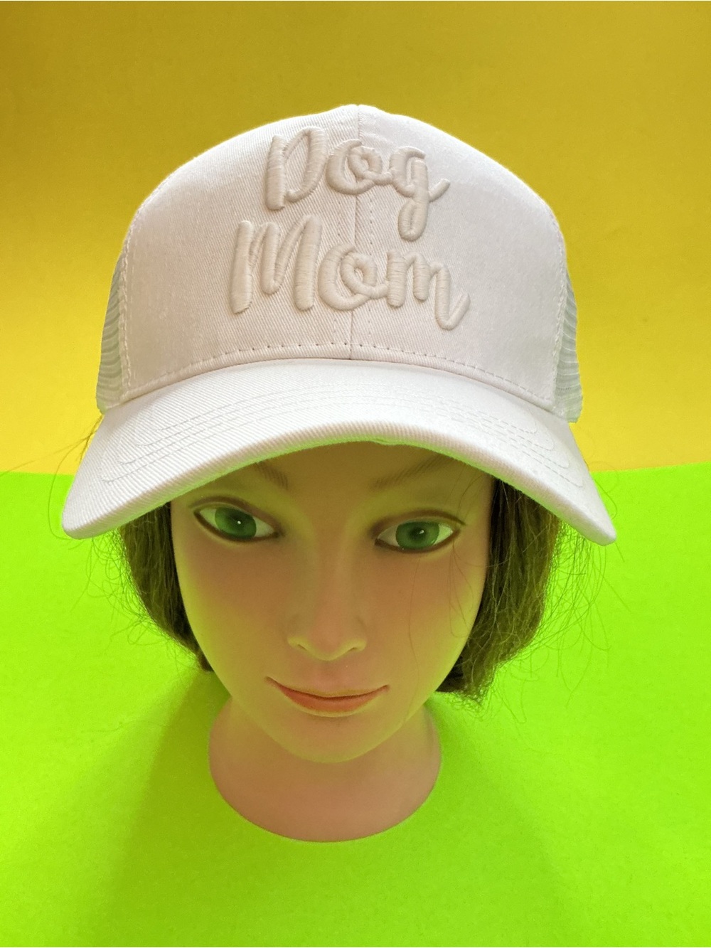 White "Dog Mom" Trucker Hat with color changing letters